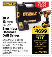 Builders Warehouse Dewalt 18V 13mm Li-Ion Brushless Hammer Drill Driver DCD796P2 offer