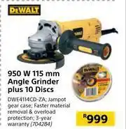 Builders Warehouse Dewalt 950W 115mm Angle Grinder Plus 10 Discs DWE4114CD-ZA offer