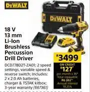 Builders Warehouse Dewalt 18V 13mm Li-Ion Brushless Percussion Drill Driver DCD778D2T-ZA01 offer