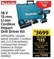 Builders Warehouse Makita 18V 13mm Li-Ion Cordless Impact Drill Driver Kit DHP453RYE offer