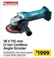 Builders Warehouse Makita 18V 115mm Li-Ion Cordless Angle Grinder DGA452ZK offer