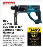 Builders Warehouse Makita 18V 20mm SDS Plus Li-Ion Cordless Rotary Hammer DHR202 offer