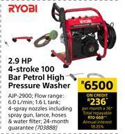 Builders Warehouse Ryobi 2.9HP 4-Stroke 100 Bar Petrol High Pressure Washer AJP-2900 offer