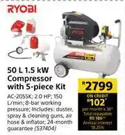 Builders Warehouse Ryobi 50Ltr 1.5kw Compressor With 5-Piece Kit AC-2055K offer