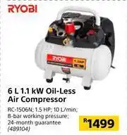 Builders Warehouse Ryobi 6Ltr 1.1Kw Oil-Less Air Compressor RC-1506N offer