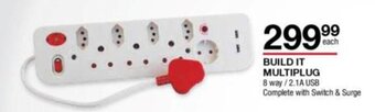 BUILD IT Multiplug 8 way / 2.1A USB Complete with Switch & Surge