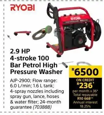 2.9 hp 4- stroke 100 barpetrol high pressure washer