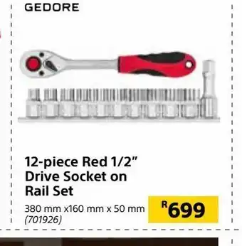 12-piece red 1/2" drive socket on rail set