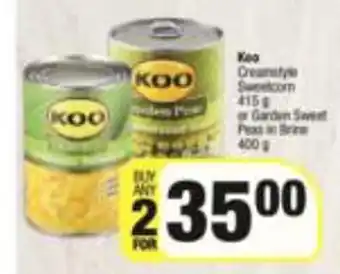 Spar Koo Creamstyle Sweetcorn 415g or Garden Sweet Peas in Brine 400g offer