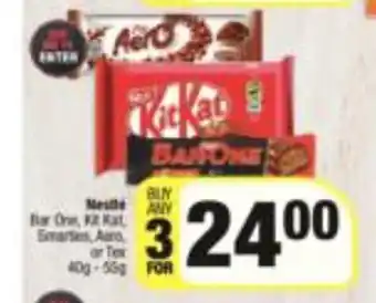 Spar Nestle Bar One, Kit Kat, Smarties, Aero or Tex 40g - 55g offer