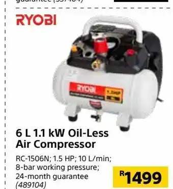 Builders Warehouse 6l 1.1 kw oil-less air compressor offer