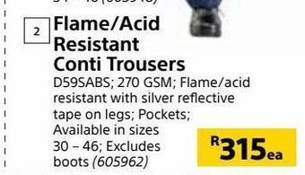 Builders Warehouse Flame/acid resistant conti trousers offer