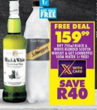 Black & white blended scotch whisky & schweppes soda water