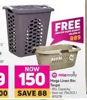 Game Miss Molly 85Ltr Mega Linen Bin Taupe + Free Hipster Taupe Basket offer