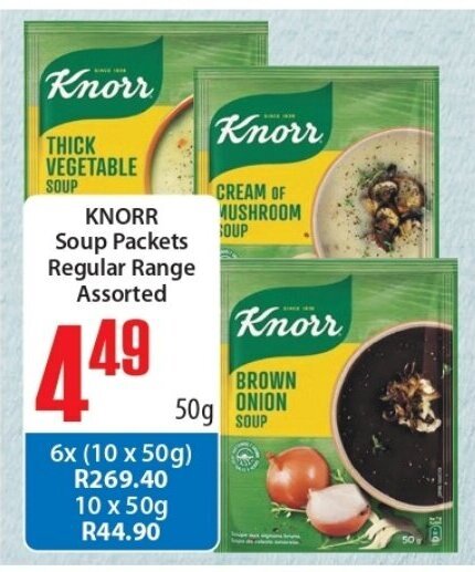 Knorr Soup Packets Regular Range Assorted 50g offer at Elite Cash & Carry