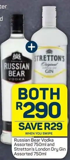 Pick n Pay Liquor Russian Bear Vodka Assorted 750 ml and Stretton's London Dry Gin Assorted 750ml offer