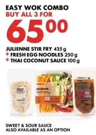 Woolworths Easy Wok Combo : Julienne Stir Fry 435g + Fresh Egg Noodles 250g + Thai Coconut Sauce 100g offer