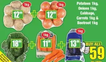 Boxer Potatoes 1kg, Onions 1kg, CAbbages, Carrots 1kg & Beetroot 1kg offer