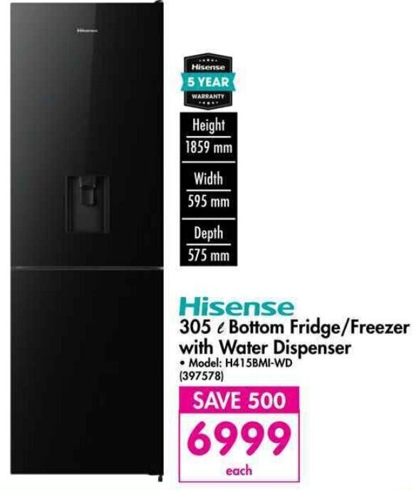 Hisense Bottom Fridge/Freezer with Water Dispenser 305L offer at Makro