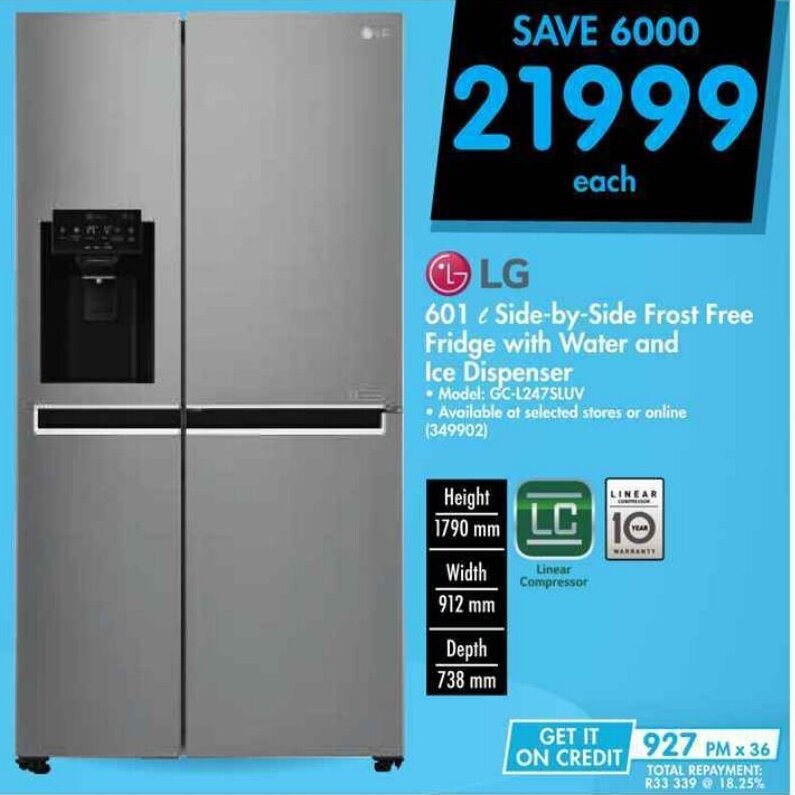 LG SidebySide Frost Free Fridge with Water and Ice Dispenser 601L