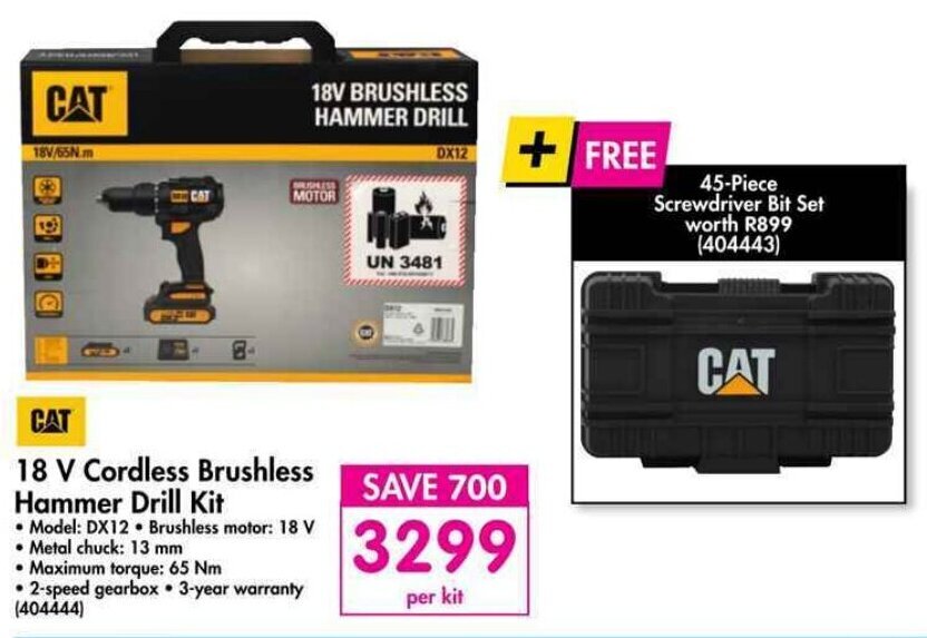 Cat 18V Cordless Brushless Hammer Drill Kit offer at Makro