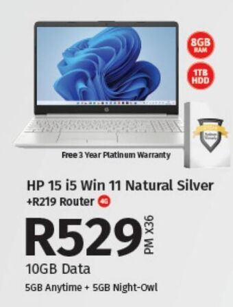 Hp 15 i5 win 11 natural silver +r219 router