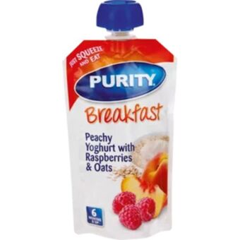 Shoprite Purity peachy yoghurt with raspberries & oats breakfast puree baby food pouch 110ml offer