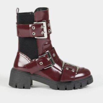 Women's burgundy chunky buckle boot