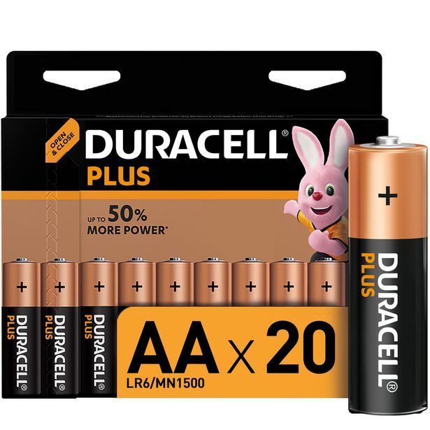 Duracell plus aa alkaline batteries, 1.5v lr6 mn1500 20 pack offer at