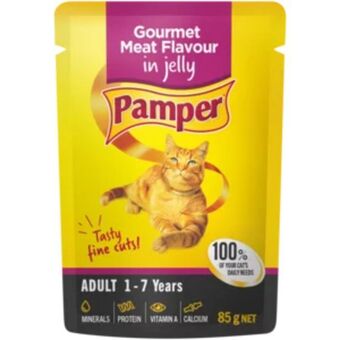 Shoprite Pamper gourmet meat flavoured adult cat food in jelly pouch 85g offer