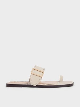 Leather metallic buckle flats - chalk