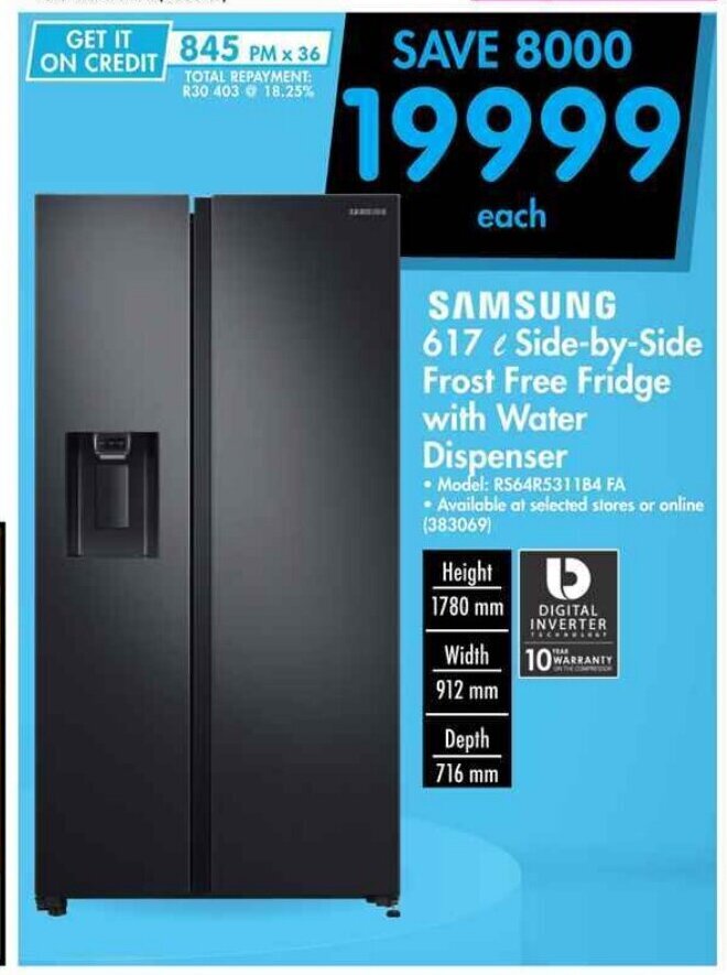 Samsung 617L SidbySide Frost Free Fridge with Water Dispenser offer at Makro