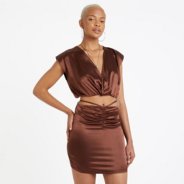 Women s brown co ord ruched satin skirt offer at The FIX