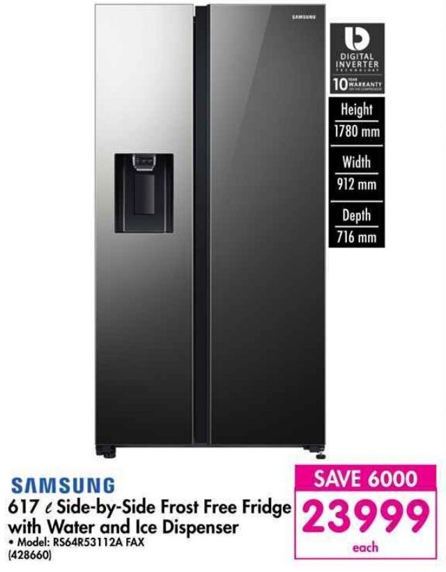 Samsung 617 L SidebySide Free Fridge with Water and Ice Dispenser offer at Makro