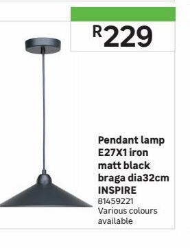Pendant lamp e27x1 iron matt black braga dia 32cm inspire