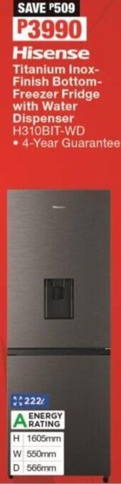 Hisense Titanium Inox-Finish Bottom-Freezer Fridge with Water Dispenser