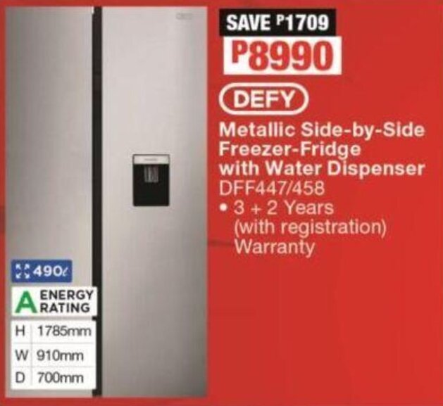 Defy Metallic SidebySide FreezerFridge with Water Dispenser offer at
