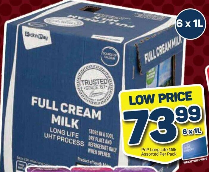 Full Cream Milk PnP Long Life Milk Assorted 6x1L offer at Pick n Pay