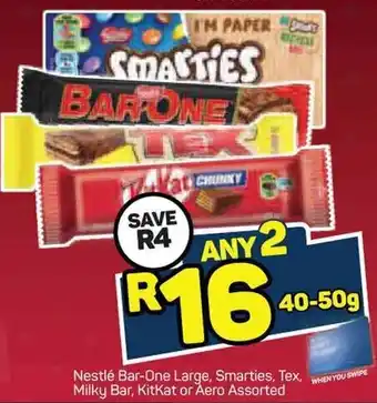 Pick n Pay Nestlé Bar-One Large, Smaties, Tex, Milky Bar, Kitkat or Aero Assorted 40-50g offer