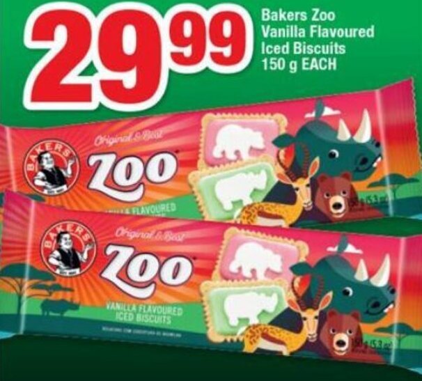 Bakers Zoo VAnilla Flavoured Iced Biscuits 150g offer at OK Foods