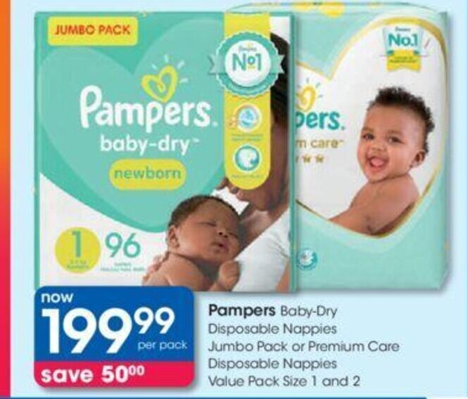 Pampers BabyDry Disposable Nappies Jumbo Pack or Premium Care