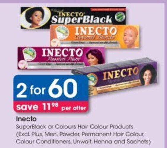 Inecto SuperBlack or Colours Hair Colour Products offer at Clicks