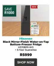 House & Home Hisense 263L Black Mirror Finish Water On Tap Bottom Freezer Fridge H370BMI-WD offer