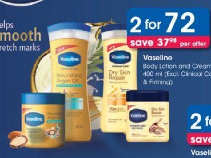 Vaseline Body Lotion and Cream 400 ml offer at Clicks