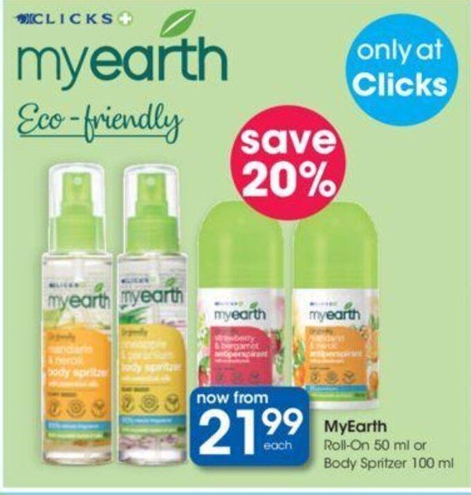 MyEarth RollOn 50 ml or Body Spritzer 100 ml offer at Clicks