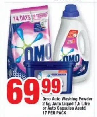 OK Foods Omo Auto Washing Powder 2kg, Auto Liquid 1.5 Litre or Auto Capsules Asstd 17 per pack offer