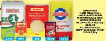 Usave Combo Iwisa Super Maize Meal 2,5kg +Bake Beans in Tomato Sauce 410g +Parboiled Medium Grain Rice 2kg +Snowflake Cake Wheat Fl offer
