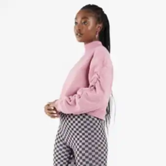Women's rose sweat top with ruched sleeves
