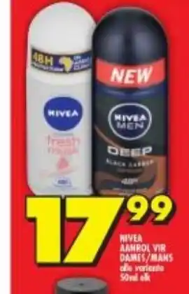 Shoprite Nivea Aanrol Vir Dames / Mans all variants 50ml offer