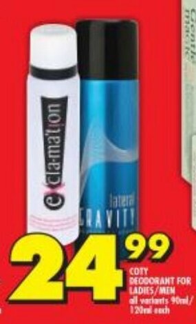 Shoprite Coty Deodorant for Ladies/men all variants 90ml/120ml offer